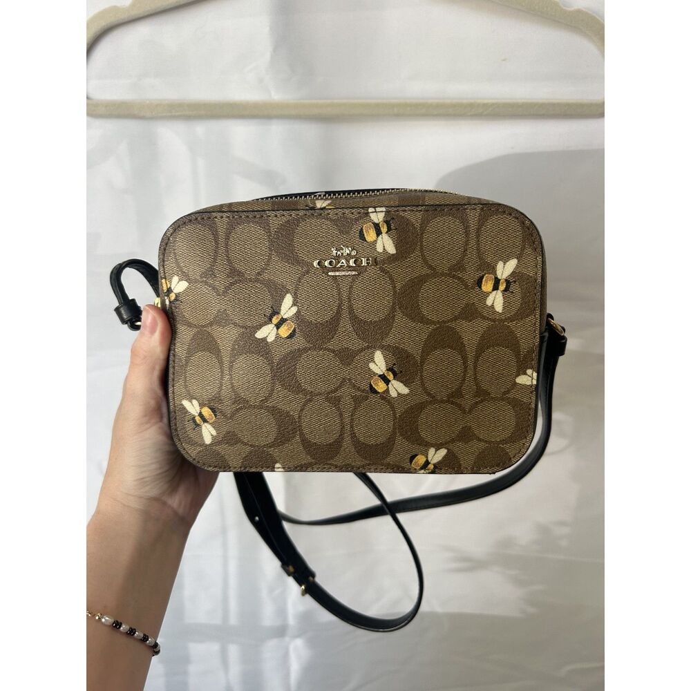 Coach Mini Camera Bag Signature Canvas with Bee Print Gold Hardware Crossbody